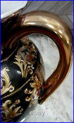 Large Handpainted Ornate Scroll Medallion Gold Black Porcelain Ceramic Vase Urn