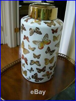 Large White Porcelain Vase With Hand Painted Butterflies and Gold Lid