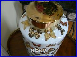 Large White Porcelain Vase With Hand Painted Butterflies and Gold Lid