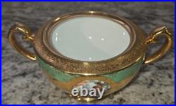 Le Mieux China 24K Gold Hand Painted Sugar Bowl Loving Cup Green Gilt Porcelain Le Mieux China 24K Gold Hand Painted Sugar Bowl Loving Cup Green Gilt Porcelain