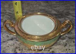 Le Mieux China 24K Gold Hand Painted Sugar Bowl Loving Cup Green Gilt Porcelain