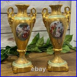 Le Mieux China 24 Karat Gold Pair Porcelain Vases Victorian Ladies Cherubs VTG