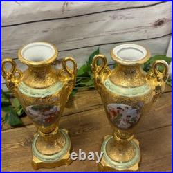 Le Mieux China 24 Karat Gold Pair Porcelain Vases Victorian Ladies Cherubs VTG
