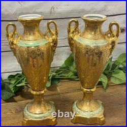 Le Mieux China 24 Karat Gold Pair Porcelain Vases Victorian Ladies Cherubs VTG