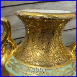 Le Mieux China 24 Karat Gold Pair Porcelain Vases Victorian Ladies Cherubs VTG