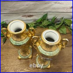 Le Mieux China 24 Karat Gold Pair Porcelain Vases Victorian Ladies Cherubs VTG
