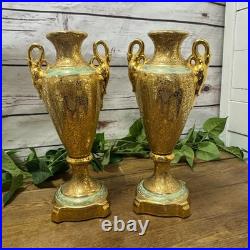 Le Mieux China 24 Karat Gold Pair Porcelain Vases Victorian Ladies Cherubs VTG