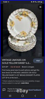 Limoges China Yellow Daisy Bread Plate 22 K Gold Trim Vintage USA Lot of 4