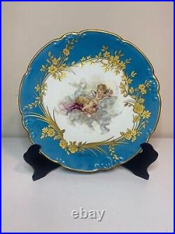 Limoges France Decorative Gilded Display China Plate with Two Cherubs and Stand