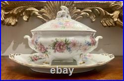 Limoges France Porcelain Tureen with Lid & Platter Hand Painted Floral Peony Set