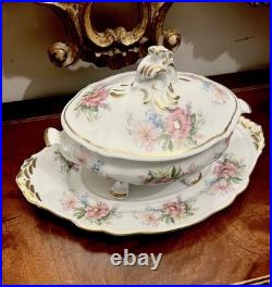 Limoges France Porcelain Tureen with Lid & Platter Hand Painted Floral Peony Set