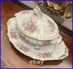 Limoges France Porcelain Tureen with Lid & Platter Hand Painted Floral Peony Set
