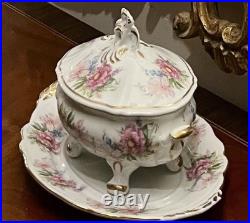 Limoges France Porcelain Tureen with Lid & Platter Hand Painted Floral Peony Set