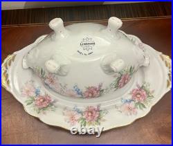 Limoges France Porcelain Tureen with Lid & Platter Hand Painted Floral Peony Set