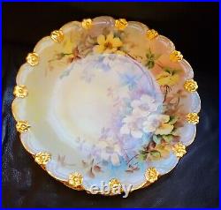 Limoges Gold Encrusted Cabbage Rose Dinner Plates Set Of 5 Hand Painted Rare HTF