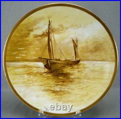 Limoges Hand Painted Signed Leroux Sailboats Maritime Scene Yellow Gold Charger Limoges Hand Painted Signed Leroux Sailboats Maritime Scene Yellow Gold Charger