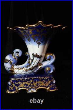 Limoges Style Fine China Cornucopia Vase Cobalt Blue & Gold Mint