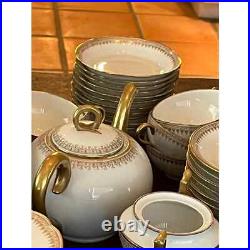 Limoges dinnerware set white and gold for 12, 104 pieces, includes 17 serving pc