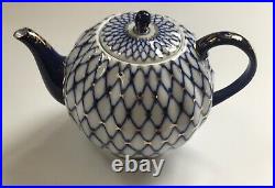 Lomonosov Inspired Made in China Porcelain Cobalt Blue Gold Net Tea Pot