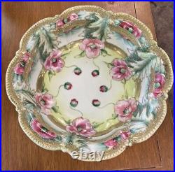 Lovely 11-1/2 Hand Painted Bowl Flowers, Heavy Gold Decoration, Nippon