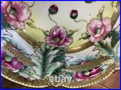 Lovely 11-1/2 Hand Painted Bowl Flowers, Heavy Gold Decoration, Nippon