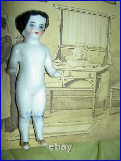 Lovely antique china frozen Charlotte doll, gold slippers, blue garters incised 4
