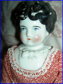 Lovely antique china frozen Charlotte doll, gold slippers, blue garters incised 4