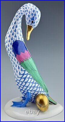 MINT HEREND Goose with Golden Egg Blue Fishnet Figurine