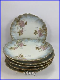 M Redon Limoges Floral Scalloped Plates 6 1/4 Blue/Gold/Pink Set of 6
