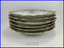 M Redon Limoges Floral Scalloped Plates 6 1/4 Blue/Gold/Pink Set of 6