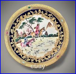 Midcentury Chinese Porcelain Plate Gilded Equestrian Scene, 14 with Seal Mark Midcentury Chinese Porcelain Plate Gilded Equestrian Scene, 14 with Seal Mark
