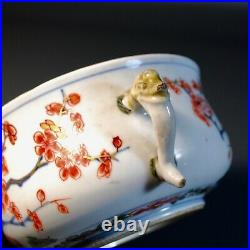 Ming/Qing Chinese Antique Porcelain Censer Incense Burner Mask Handle, Gold Gilt