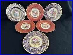 Minton china 6 painted plates 10.5in Dresden flowers artist J. Colclough gilded