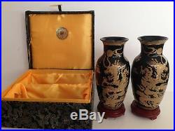 NEW YI Lin Art & Treasure Of China 24K Gold Dragon Porcelain Black Vase Silk Box
