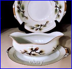 Narumi Shasta Pine Plates Tray Bowl, Gold Trim, 15 Piece China Set Vintage 1958
