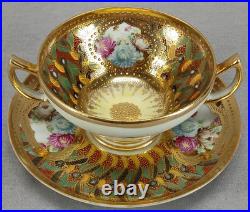 Nippon Hand Painted Floral Multicolor & Gold Beaded Bouillon Cup & Saucer