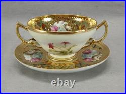 Nippon Hand Painted Floral Multicolor & Gold Beaded Bouillon Cup & Saucer