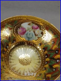 Nippon Hand Painted Floral Multicolor & Gold Beaded Bouillon Cup & Saucer
