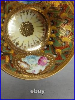 Nippon Hand Painted Floral Multicolor & Gold Beaded Bouillon Cup & Saucer