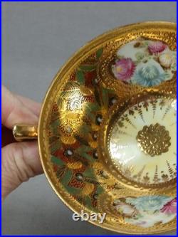 Nippon Hand Painted Floral Multicolor & Gold Beaded Bouillon Cup & Saucer