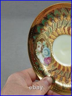 Nippon Hand Painted Floral Multicolor & Gold Beaded Bouillon Cup & Saucer