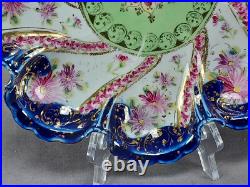 Nippon Hand Painted Purple Flowers Green Cobalt & Gold Large Bon Bon Dish