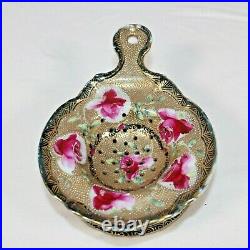 Nippon Hand Painted Tea Strainer and Base Roses Heavy Gold Trim Antique China