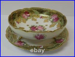 Nippon Porcelain 7.5 Gilded Berry Bowl & 8.75 Matched Plate, Roses