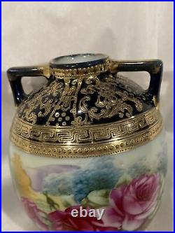 Nippon Porcelain Gilted Gold Beaded Maple Leaf Mark Handle Antique Vase