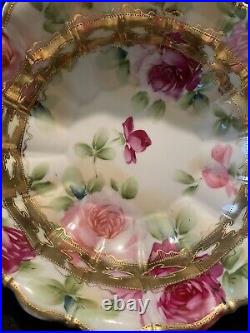 Nippon porcelain china chop platter 10in red roses green foliage gold