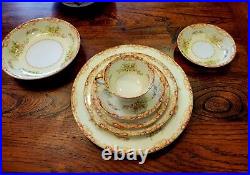 Noritake Mystery 12 Set Gold Trim Dinner Plates Soup Tureen Tea Cup Saucer 75pc
