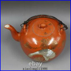 Old China antique Qing Dynasty Alum red Tracing gold Pine crane pattern teapot