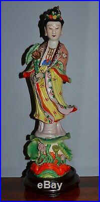 Old Chinese Famille Rose Verte Porcelain Quanyin Figure on Wood Stand Republic