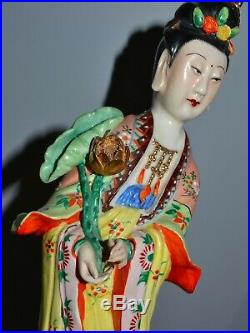 Old Chinese Famille Rose Verte Porcelain Quanyin Figure on Wood Stand Republic